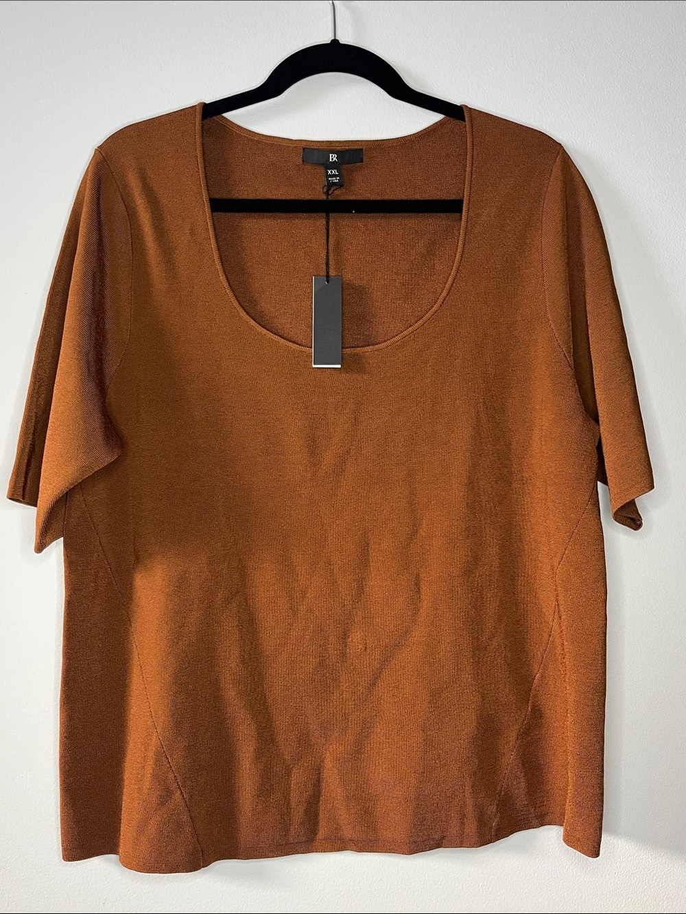 BR Banana Republic heavyweight knit short sleeve square neck shiny caramel top